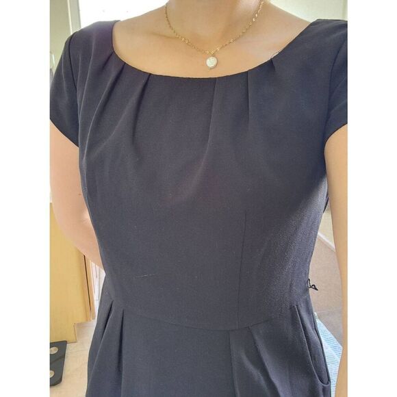 Merona size 6 small womens little black dress pleated knee length cap sleeve hig - Picture 2 of 6